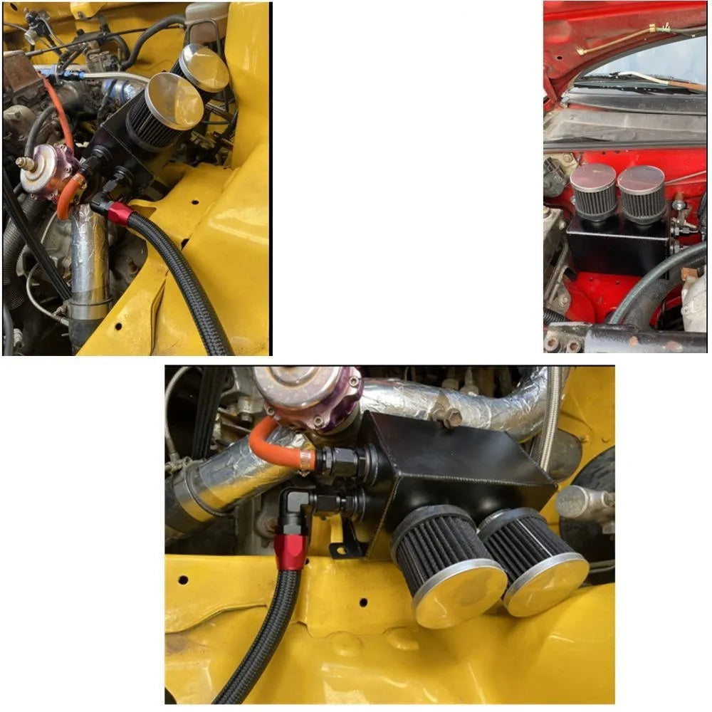 Universal AN10 1.2L Twin Baffle Dual Filter Engine Oil Catch Can Tank with Air Filters Oil Catch Reservoir Tank Can Breather Kit oil catch can