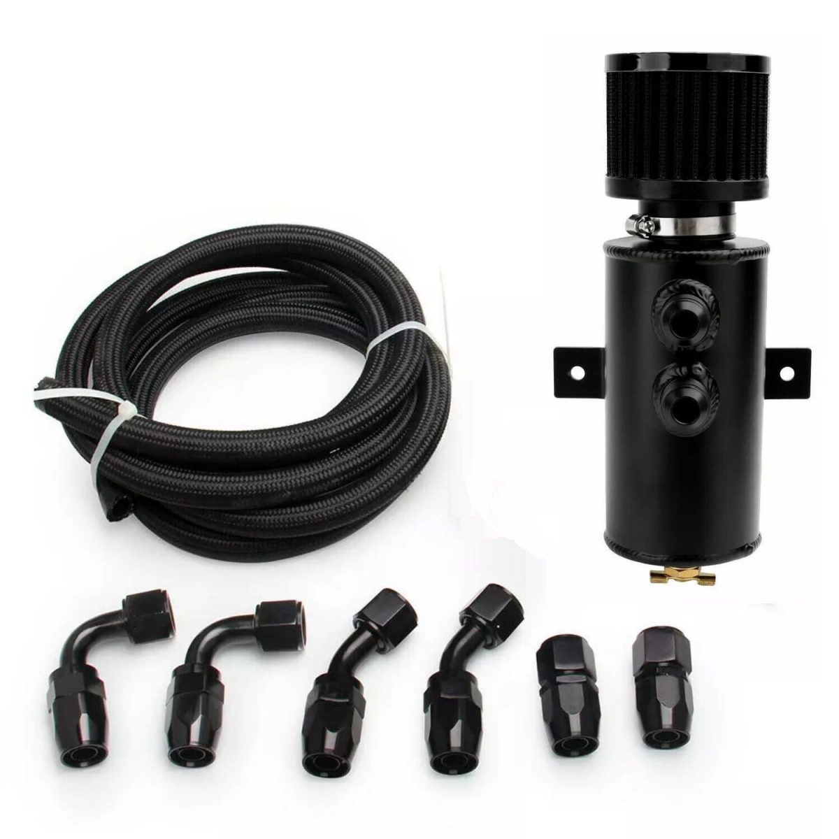 10AN Baffled Oil Catch Can Breather Can with Drain Valve Bundle with 3m 10AN 5/8'' Nylon Braided CPE Oil Gas Fuel Line Hose End Fittings Kit oil catch can