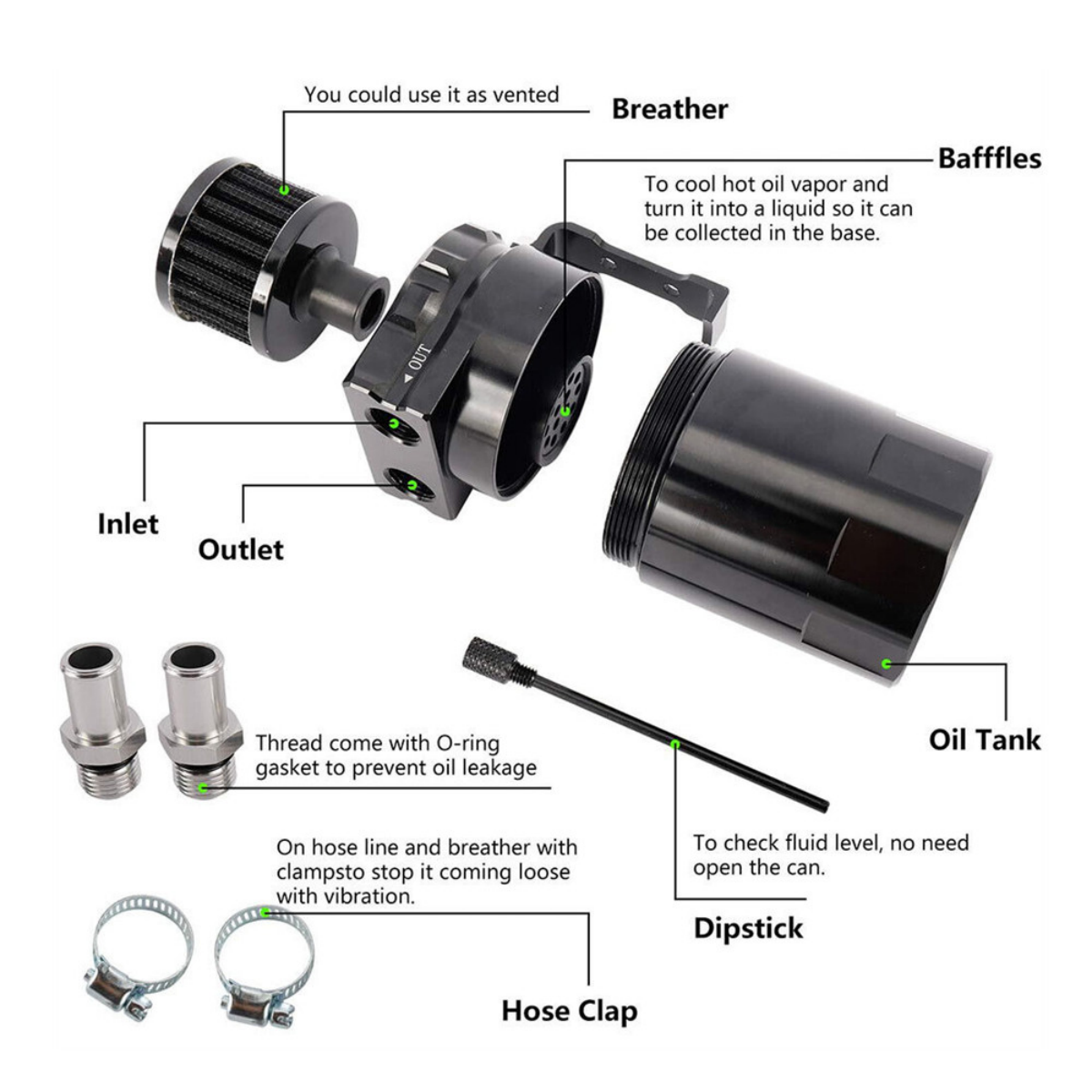 Universal Car Oil Catch Can Kit Reservoir Tank 300ml With Breather 3/8" BLACK Aluminum oil catch can