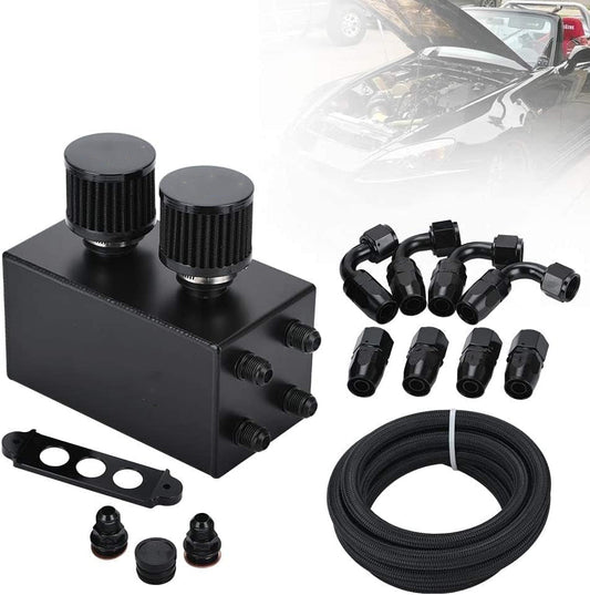 AN10 Inlet Oil Catch Can Reservoir Tank w/Dual Breather Filter Baffled Tank Kit Battery-Size Compatible with Honda Acura oil catch can