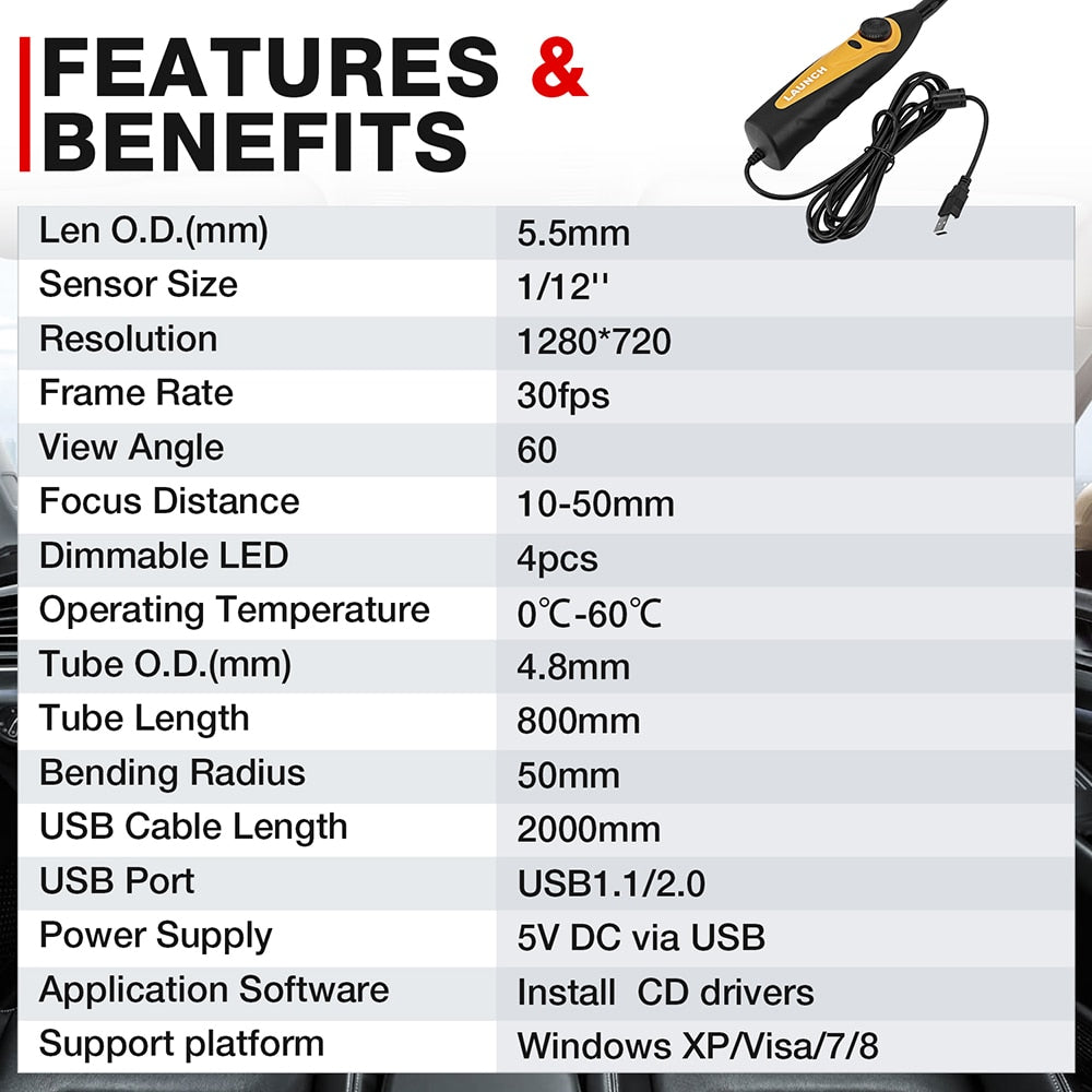 LAUNCH VSP600 Videoscope Camera Endoscope Car Inspection Mirror Flexible IP67 Waterproof 6LED Adjustable for X431 V/PRO3S+/PAD V EGRKIT Shop
