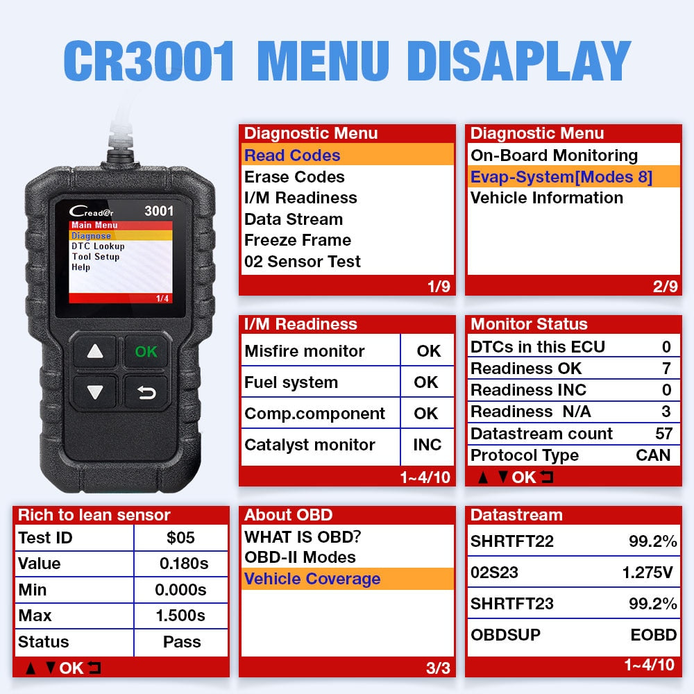 LAUNCH OBD2 Scanner X431 CR3001 Check Engine Full OBDII Functions Car Code Reader Scan tool Turn off warning light free update EGRKit Shop
