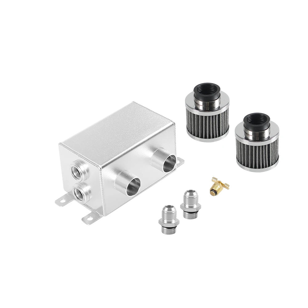 Universal AN10 1.2L Twin Baffle Dual Filter Engine Oil Catch Can Tank with Air Filters Oil Catch Reservoir Tank Can Breather Kit oil catch can