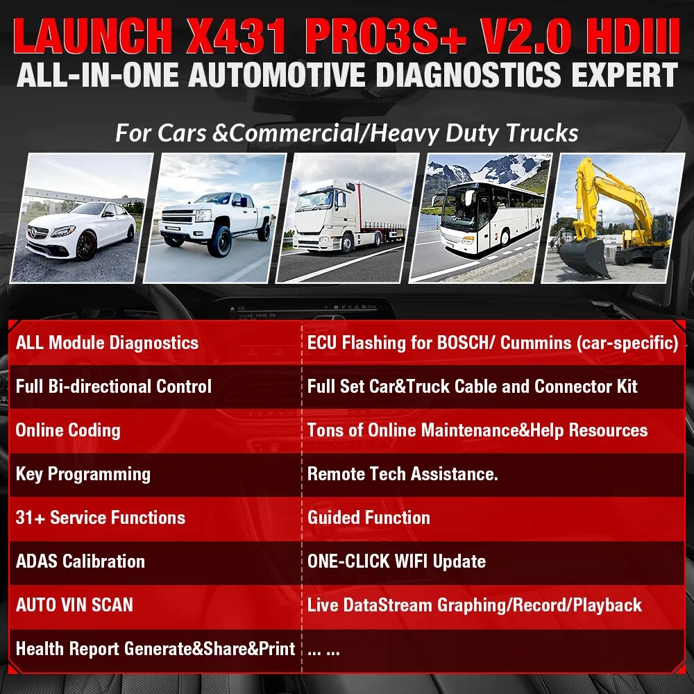 LAUNCH X431 PRO3S+ HDIII 10.1' 12V Car 24V Truck Full Functions Diagnostic Tools Auto OBD OBD2 Scanner Mechanical Workshop Tools EGRKit Shop